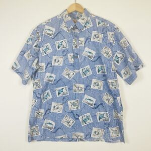Hilo Hattie Blue Sea Life Short Sleeve Half Button Hawaiian Top Shirt Mens Large